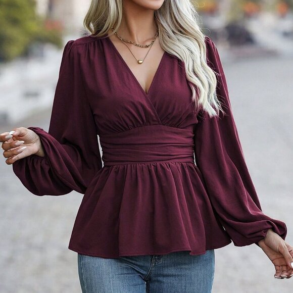 Burgundy Elegant Women's Pleated Lantern Sleeve Blouse - Picture 6 of 6